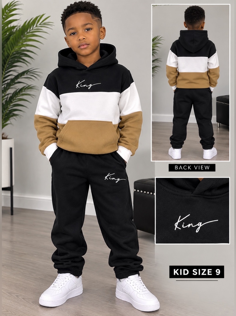 Kids Colorblock Hoodie & Jogger Set - Black/White/Tan